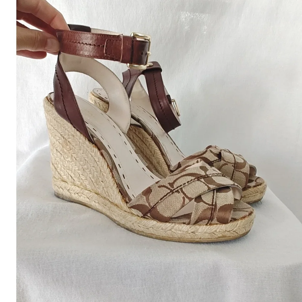 Coach Espadrille Wedge Sandals Brown Monogram Canvas Ankle Strap 2000s 39 8.5